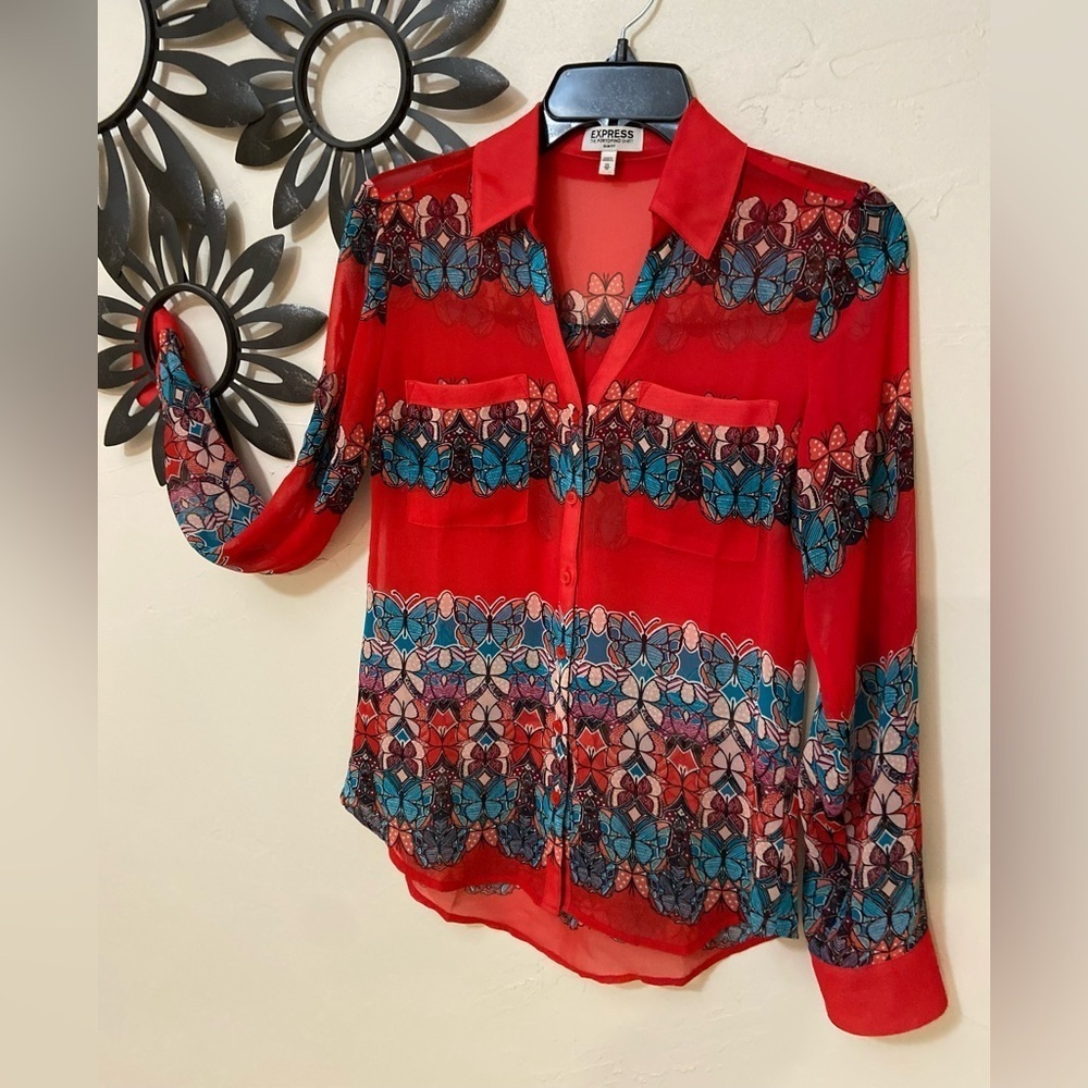 Express~The Portofino Shirt~Semi-Sheer-Slim-Fit~Butterfly Print~Blouse~Size XS